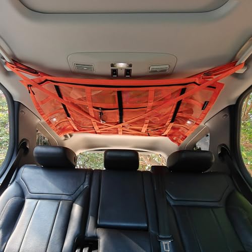 Extra Large Car Ceiling Cargo Net 39.3" x 23.6" for SUV,Truck & Van,Double Layer Roof Storage Organizer with Adhesive Straps,Overhead Mesh Holder for 4 Handle Vehicles,Camping Travel,Orange - size: 39.3" X 23.6"