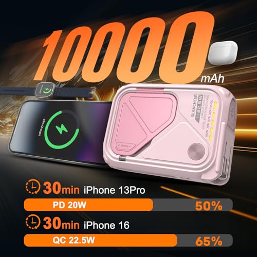 P05 Portable Charger, Magnetic Power Bank, Small Wireless PowerBank,Emergency Battery Pack 10000mAh Travel Essentials Fast Charging with Built in Cable, Wall Plug for iPhone,Samsung,Andriod (Pink) - color: Pink