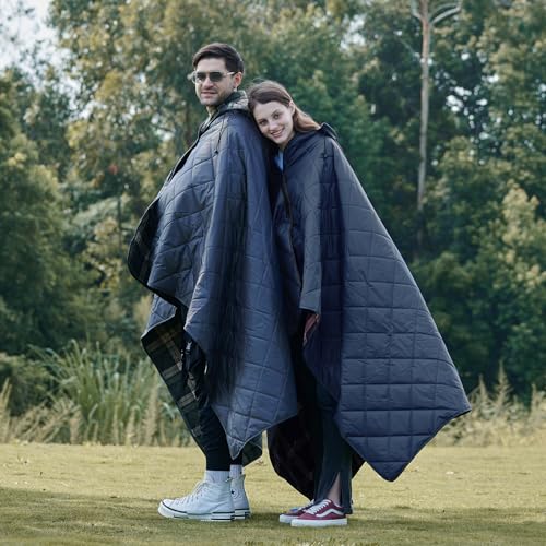 DUKUSEEK Large Outdoor Blanket, Camping Blankets for Cold Weather, Waterproof Windproof Hooded Stadium Blanket 79"x59" Quilted with Extra Thick Fleece, Great for Camping, Picnic, Beach, Car, Dogs - color: Navy Blue Outer With Blue Plaid Fleece