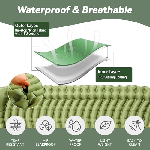 Double Sleeping Pad for Camping - Ultralight Camping Mattress with Pillow, Built-in Foot Pump, Compact Inflatable 2-Person Portable Mat for Backpacking, Hiking, Car Traveling, Beach, Tent - color: Olive Green