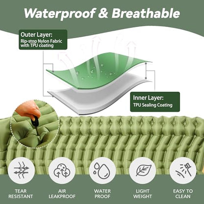 Double Sleeping Pad for Camping - Ultralight Camping Mattress with Pillow, Built-in Foot Pump, Compact Inflatable 2-Person Portable Mat for Backpacking, Hiking, Car Traveling, Beach, Tent - color: Olive Green