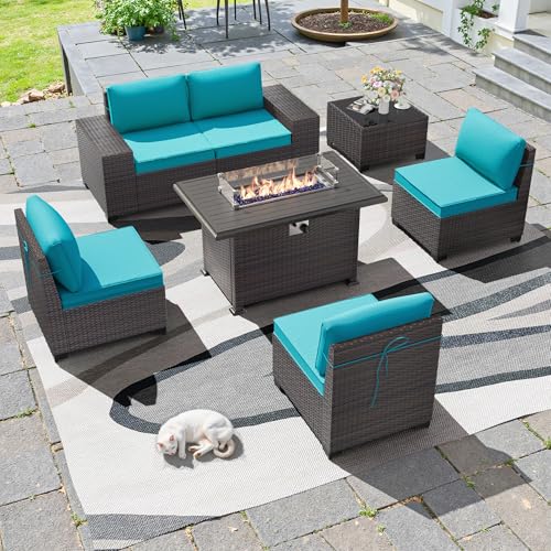 7 PCS Outdoor Patio Furniture Set,Outdoor Sectional Furniture with 43" 55000 BTU Gas Propane Fire Pit Table,All Weather PE Rattan Wicker Patio Conversation Set,Turquoise Blue - color: Blue, size: 7 High Backrest w/Fire Pit