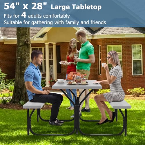 GYMAX Picnic Table, Picnic Bench Easy to Assemble w/All Weather Wood Grain Tabletop & Metal Frame, Picnic Tables for Outdoors Camping Backyard Deck Patio Poolside Dining Party - color: Grey