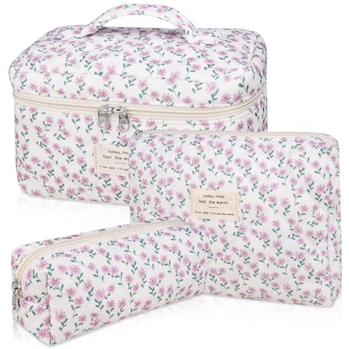 Gosect Makeup Bag Set, Quilted Makeup Bag, Large Floral Cosmetic Bag for Women, Cute Cotton Makeup Bags, Flower Travel Toiletry Organizer Bag (Purple Flower) - color: Purple Flower