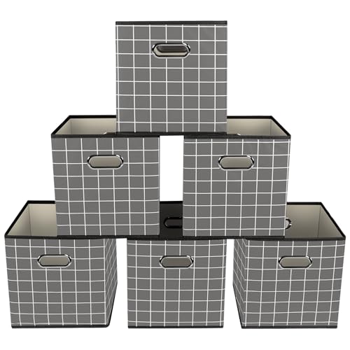 Yunkeeeper storage bins Cubes, Fabric Cube Organizer with Handle, Foldable Cube Bins for Cloth or Accessary Storage, 11x11x11, Set of 6, (Grey grid) - color: Grey grid, size: 6 Pack