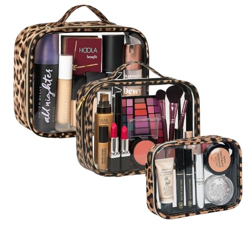 3 Pack Clear Toiletry Bag for Women, TSA Approved Organizer for Travel Size Toiletries Carry on Travel Accessories Bag Airport Airline Compliant Bag Makeup Bag Zipper Pouch Set - color: Leopard Handle