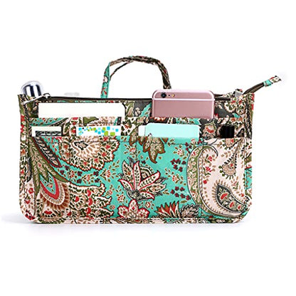 BTSKY New Printing Handbag Organizers Inside Purse Insert-High Capacity 13 Pockets Bag Tote Organizer with Handle Peacock Flower - color: Green+Brown