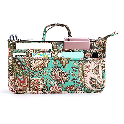 BTSKY New Printing Handbag Organizers Inside Purse Insert-High Capacity 13 Pockets Bag Tote Organizer with Handle Peacock Flower - color: Green+Brown