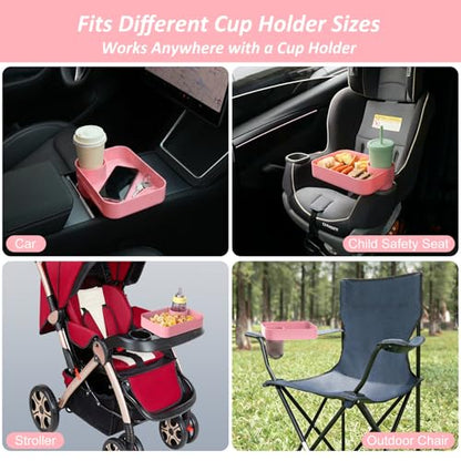 Car Seat Snack Tray for Kids, Mess-Free Square Travel Tray Cup Holder Snack Tray, Durable Car Food Tray for Toddlers, Universal Fit Kids Travel Road Trip Essentials (1, Pink) - color: pink