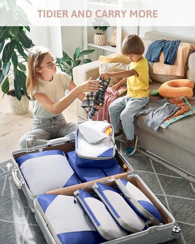Meowoo 7 Set Compression Packing Cubes for Travel, Durable Ripstop Mesh Suitcase Organizer with Shoe Bag, Ultralight & Expandable Space Saver Travel Cubes - color: Blue