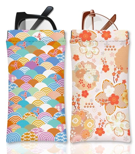 Eyeglasses Sunglasses Case PU Soft Squeeze Top Glasses Pouch for Women Men,Floral Pattern Portable Anti Scratch - color: Pink+yellow