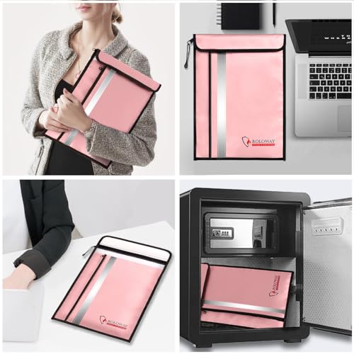 ROLOWAY Fireproof Document Bag (15 x 11 inch) with 2 Pockets & Waterproof Zipper, Fireproof Money Bag, Fire Safe Bag with Reflective Strip, Fireproof Envelope for Cash, Legal Documents Safe (Pink) - size: 15 x 11 inch, style: Fireproof Bag (Lovey Rose)