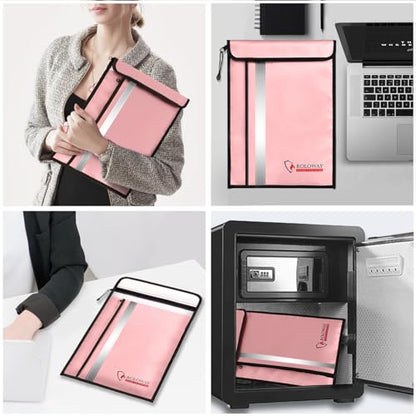 ROLOWAY Fireproof Document Bag (15 x 11 inch) with 2 Pockets & Waterproof Zipper, Fireproof Money Bag, Fire Safe Bag with Reflective Strip, Fireproof Envelope for Cash, Legal Documents Safe (Pink) - size: 15 x 11 inch, style: Fireproof Bag (Lovey Rose)
