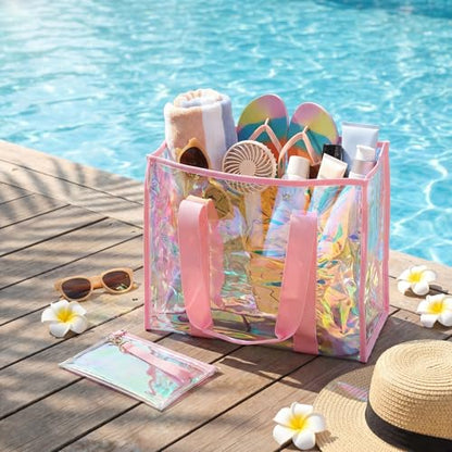 Hsei 6 Pcs Clear Iridescent Beach Bag with Phone Pouch for Women Beach Travel Large Waterproof Tote Bags for Vacation Picnic - color: Iridescent Pink