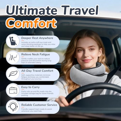 SYNNA Travel Neck Pillow for Airplane & Car, 360° Head and Chin Support, Ergonomic Memory Foam with Silky-Smooth Washable Cover for Flights, Road Trips & Office Naps