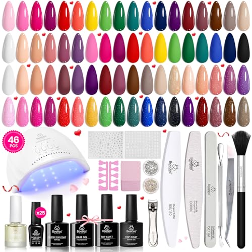 Beetles Gel Nail Polish Kit with UV Light, 46 PCS 25 Colors Gel Nail Polish Set Base Glossy Matte Glitter Top Coat Nails Polish Red Green Brown Blue Pink Nude Home Salon Manicure Kit Gifts for Women - color: 1-Chic Outfits Gel Nail Kit