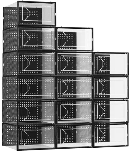 Foluck 15 Pack Shoe Storage Organizer Box Container Clear Plastic Stackable | Interlocking Design, Sturdy Dustproof Breathable, Fits Men's Size 9 Women's Size 10, for Closet Entryway Under Bed - color: Black