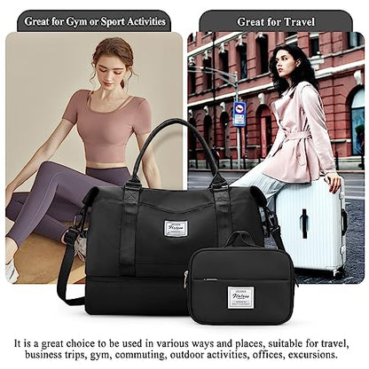 Weekender Bags for Women,Personal Item Travel Bag with Shoes Compartment,Overnight Travel Duffel Bag with Toiletry Bag - color: Black, size: Large