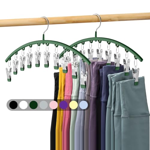 Legging Organizer for Closet, Metal Yoga Pants Hangers 2 Pack w/10 Clips Holds 20 Leggings, Space Saving Hanging Closet Organizer w/Rubber Coated Closet Organizers and Storage, Green - color: Green, size: 2 Pack