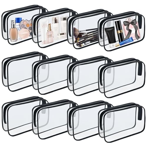 12 Pieces Clear Makeup Bags, TSA Approved Toiletry Bag for Travel, PVC Transparent Cosmetic Pouch with Zipper, Waterproof Vinyl Plastic Organizer Case for Vacation Bathroom (Medium) - color: 12 Medium Black