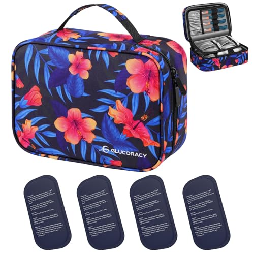 Glucoracy Insulin Cooler Travel Case, Large Medication Cooler Bag with 4 * 160g Reusable Ice Packs for Insulin Pens & Diabetic Supplies, Diabetic Care Kits Organizer with Handle Design, Flower Pattern - color: Flower, size: Large