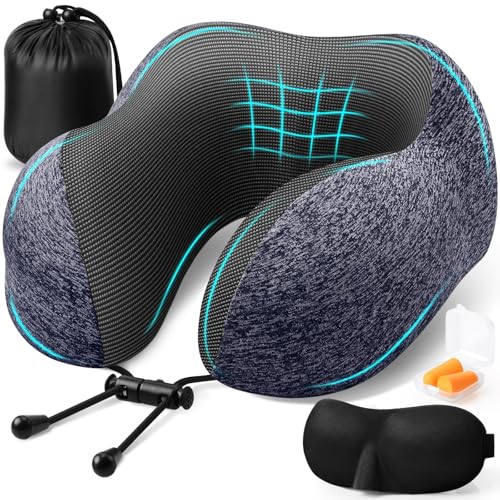 ExploreBliss Travel Pillow, Travel Pillows for Sleeping Airplane, Neck Pillow Airplane, Memory Foam Neck Pillow Set with Eye Mask, Earplugs and Storage Bag -Mottled Blue - color: Navy Blue