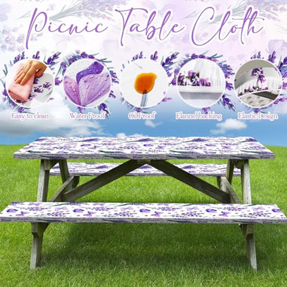 Boao 3 Pcs Vinyl Picnic Table Cover with Bench Cover 6 ft 30 x 72 Inch Waterproof Fitted Tablecloth Flannel Backing Rectangular Elastic Edged for Camping Outdoor Patio Travel(Lavender) - color: Lavender