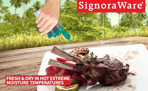 SIGNORAWARE Salt and Pepper Shakers Moisture Proof Set of 2 Large Salt Shaker to go Camping Picnic Outdoors Kitchen Lunch Boxes Travel Spice Set Clear with Teal Covers Lids Plastic Airtight Dispenser - color: Teal