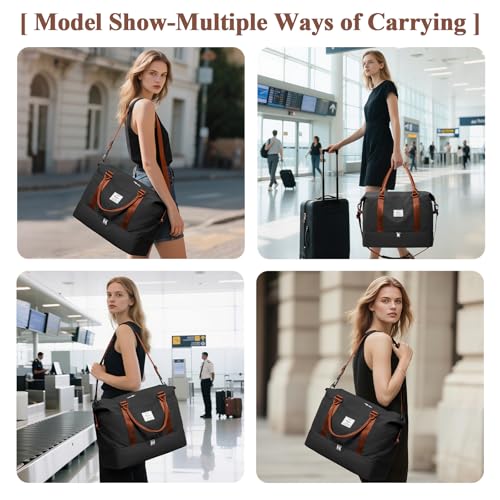 Travel Duffel Bag with Shoes Compartment, Overnight Weekender Bags for Women,Carry on Personal Item Bag，Extra Large - color: A-Black & Brown, size: Extra Large
