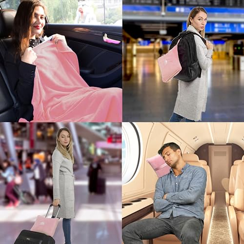 BlueHills Premium Soft Travel Blanket Pillow Airplane Blanket in Soft Bag case with Hand Luggage Belt and Carabiner Compact Pack Large Cozy Portable for Plane Car Train Transit Light Pink T020 - color: Pink-1pk-t020
