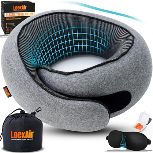LOEXAIR™ Travel Pillow, Neck Pillow Travel for Airplane, Car - 100% Cotton Fabric & Memory Foam Plane Pillow, Lightweight & Easy-to-Carry on Flight, Full Travel Set (Eye Mask, Earplugs) - Light Grey - color: Light Grey, size: Classic