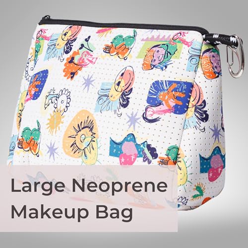 POPUPS Large Makeup Bag with Zipper - Waterproof Neoprene Cosmetic Bag 7.7 x 10.75 x 5 inches - color: Print Construyendo Futuros White
