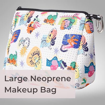 POPUPS Large Makeup Bag with Zipper - Waterproof Neoprene Cosmetic Bag 7.7 x 10.75 x 5 inches - color: Print Construyendo Futuros White