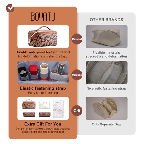 BOYATU Travel Makeup Bag Organizer: 3 Pcs Set Leopard Make up Bag for Women | Vegan Leather Cosmetic Bags with Compartments - Waterproof Toiletry Bag - 180° Open-Flat Make up Case for 3-15 Day Trips - color: 01-Brown