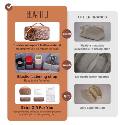 BOYATU Travel Makeup Bag Organizer: 3 Pcs Set Leopard Make up Bag for Women | Vegan Leather Cosmetic Bags with Compartments - Waterproof Toiletry Bag - 180° Open-Flat Make up Case for 3-15 Day Trips - color: 01-Brown