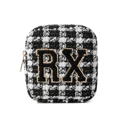 uekeboag Personalized Small Checkered Medicine Cosmetic Bag, Cute Plaid Pattern Chenille Letter Patch RX Drug Pouch with Zipper, Makeup Travel Gift Bag for Women and Girls (09 White Checkered) - color: 09White Checkered