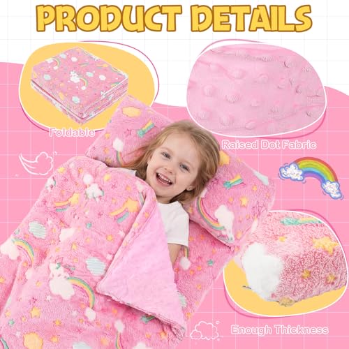 Preschool Nap Mat with Pillow and Blanket, 21" x 50" Glow Sleeping Bag Toddler Nap Mat for Daycare Kids, 2" Thick All in one Foldable Floor Mattress for Girl Boys - style: Rainbow Pattern
