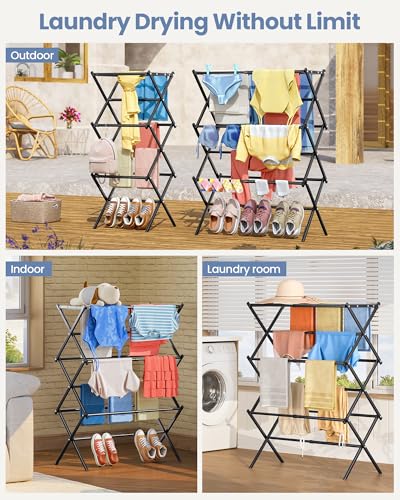 APEXCHASER Oversize Clothes Drying Rack, 3-Tier Drying Rack Clothing, Expandable Metal Laundry Drying Rack, Air Drying Rack, Clothes Rack, No install, 24lb Capacity, 14.9" D x 29.3" W x 39.3" H, Black - color: Black
