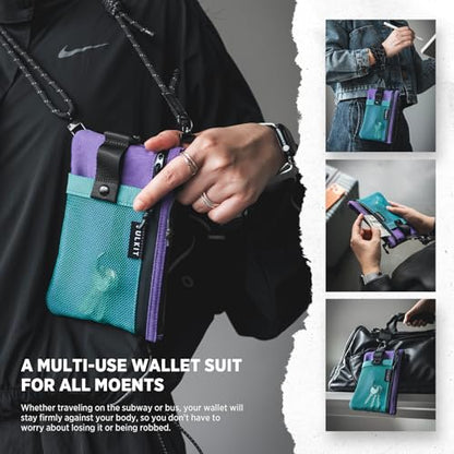 VULKIT RFID Blocking Travel Wallet for Women, Water Resistant Passport & Phone Holder with Detachable Lanyard and Key Ring, Lightweight Zipper Travel Wallet - color: AquaGreen Purple
