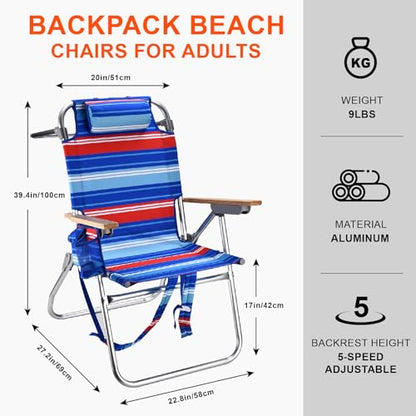 Backpack Beach Chairs for Adults Capacity 300 LBS high 5 Position Beach Chair with Pouch Straps Folding Lightweight Reclining Aluminum Wide Lay Flat Single - color: 17in Wood Red Blue Stripes 1 Pack