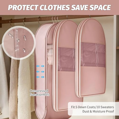 Space Saving Hanging Garment Bag With Self Compression Zipper,3 Pcs Garment Bags For Storage,Space Saving Hanging Garment Bags for Down Coat,Jackets Ect,Protects Clothes From Wrinkles（M,L,XL）
