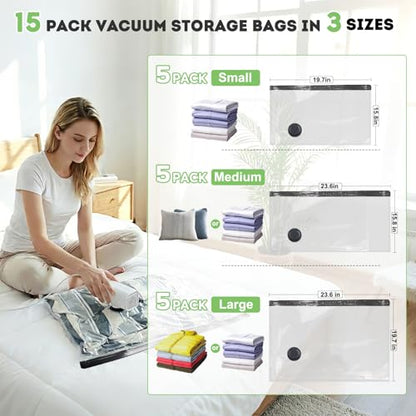 15 Pack Vacuum Seal Bags for Clothing Travel with -60000Pa USB Pump, Save 80% of Space for Clothes (15 Combo Size) - size: 15 Combo Size
