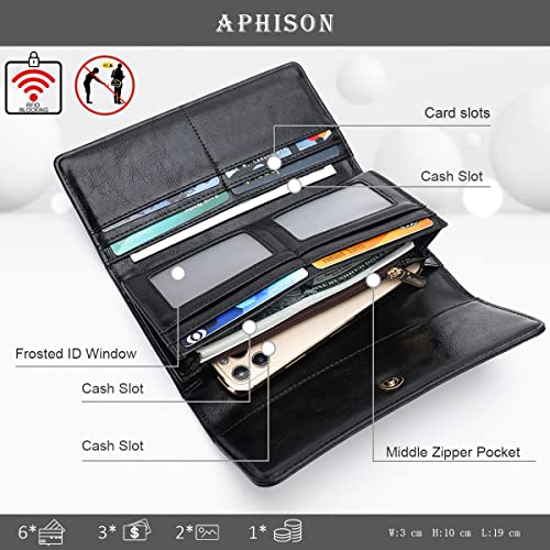 APHISON Womens Wallets RFID Blocking Leather Clutch Long Wallet for Women Card Holder Phone Organizer Ladies Travel Purse Hollow Out Sunflower Design Gift - color: BLACK