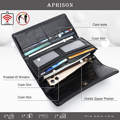 APHISON Womens Wallets RFID Blocking Leather Clutch Long Wallet for Women Card Holder Phone Organizer Ladies Travel Purse Hollow Out Sunflower Design Gift - color: BLACK