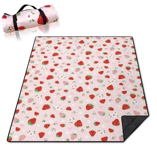 Strawberry Bow Picnic Blankets Waterproof Foldable, 60’‘x80'' Portable Outdoor Picnic Mat Water Resistant for Grass, Padded Lawn & Park Blanket for Camping,Hiking - color: Strawberry