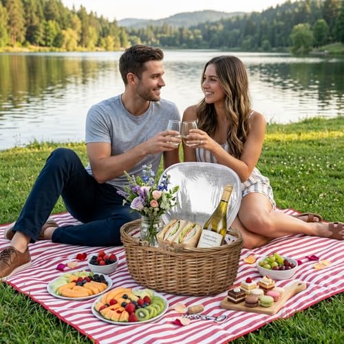 Wicker Picnic Basket with Insulated Lined Bag 15“ x 11” x 7“ Red, White Star Stripe Pattern, Iced Beer Insulated Bag for Camping, Picnics, Birthday Gifts, Wedding Gifts - color: Classic Red & White Stripes