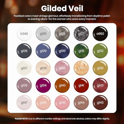 beetles Gel Polish Set - Gel Nail Polish Kit Gilded Veil 25 Colors Black White Burgundy Blue Nude Grey Green Glitters UV Led Nail Polish with Top Base Coat Soak off Nail Art Gift for Women - color: 0- Gilded Veil collection
