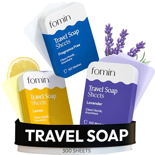 FOMIN - Paper Soap Sheets Tin for Traveling - 300 Variety (Unscented, Lemon, Lavender) Portable Travel Hand Soap Sheets, Dissolvable Mini Camping Hand Soap for Hand Washing and Camping - color: Variety Pack-001 (Unscented, Lemon, Lavender)