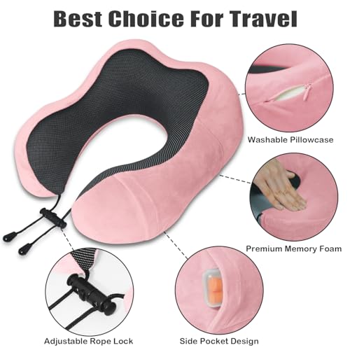Travel Pillow, Memory Foam Neck Pillow for Traveling, U Shape Neck Pillow Airplane Portable Flight Pillow Travel Kit with 4D Contoured Eye Masks and Earplug for Plane Train Car Home Office - Pink - color: Pink