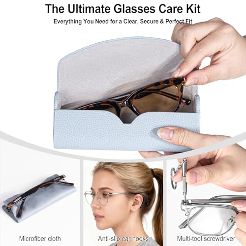 RayLove Ultimate Glasses Case Kit, Hard Shell Sunglasses and Eyeglass Case with Cleaning Cloth, Screwdriver, Ear Hooks - style: 1pack,light Blue